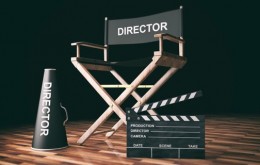 Cinema director chair and clapper on wooden background. 3d illustration