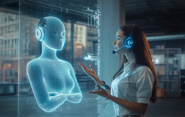 female call center agent and an AI assistant displayed on a floating holographic screen, collaborating on customer service